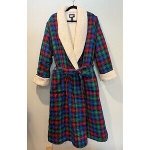 LL Bean Sherpa Lined Flannel Robe Womens 2XL Plaid Tartan Belted Pockets Lounge